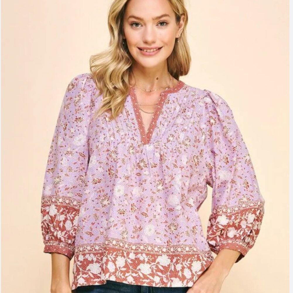 Pinch Boho Floral Tunic Top Small 100% Cotton Lilac size S